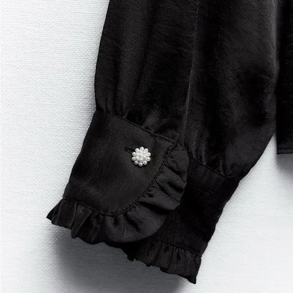 ZARA black satin effect tie collar shirt size medium - Picture 7 of 13